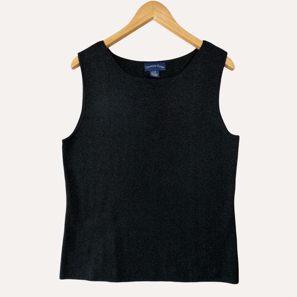 Charter Club Metallic Knit Shell Top Women XL Black Sparkle Sleeveless Scoop